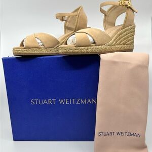 Stuart Weitzman Nude Suede Espadrille Wedge Sandals 8C Wide w Box Dust Bag